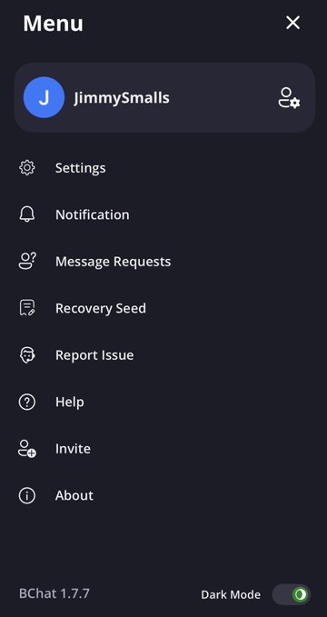 Dark mode menu screen of the 'BChat 1.7.7' app, showing user 'JimmySmalls' with options like Settings, Notification, and Recovery Seed.