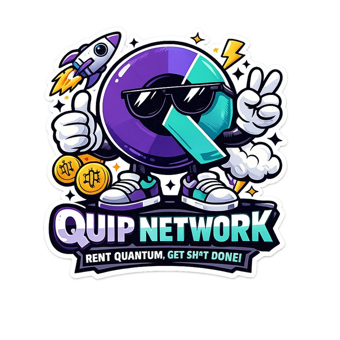 The image features a sticker with a cartoon character wearing sunglasses, holding a rocket ship, and giving a peace sign while standing on a skateboard. The text "quip network" is written below the character, indicating that this is part of a company called Quip Network. The phrase "rent Quantumum, get shit done!" suggests that the company is focused on providing access to quantum computing technology for individuals or businesses who want to take advantage of its benefits but may not have the resources to invest in it themselves.