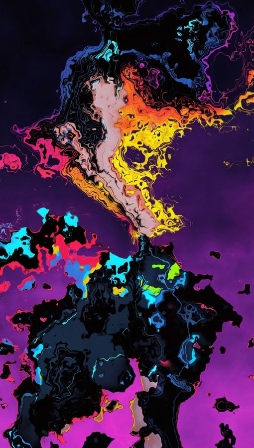 An abstract, colorful digital artwork features a vibrant swirl of orange, yellow, and red ink-like shapes rising from dark, fragmented forms against a purple background.