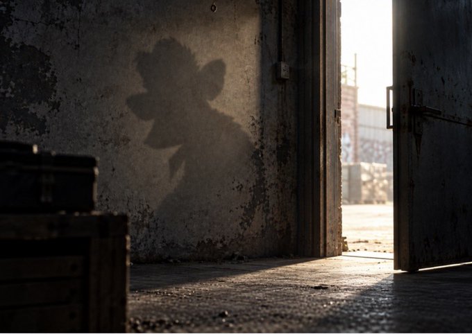A shadowy figure with a flower-shaped head is cast on a weathered, peeling wall inside an abandoned industrial space, with bright sunlight streaming through an open doorway onto the dusty floor.