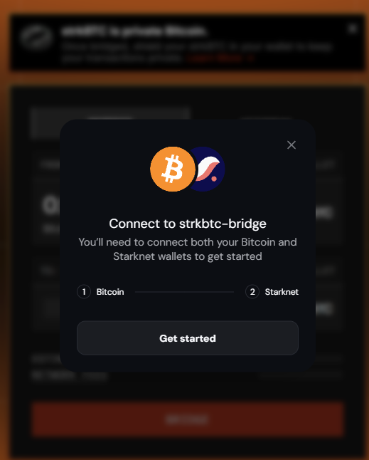 A popup dialog for connecting to "strkbtc-bridge" prompts users to link both their Bitcoin and Starknet wallets, displaying Bitcoin and Starknet logos with a "Get started" button. The image illustrates the bridge solution to the post's trade-off, allowing Bitcoin holders to move their dormant BTC into Starknet's DeFi ecosystem for productivity without the transparency risks of standard on-chain strategies.