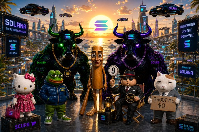 The image depicts a vibrant digital artwork featuring Solana-branded mascots ($SOL, $ANSEM, $CURB, $BUTTCOIN, $KITTY, $KET) gathered on a futuristic rooftop overlooking a cyberpunk cityscape with billboards reading "SOLANA - THE FUTURE IS ONCHAIN" and "DECENTRALIZED, SCALABLE, UNSTOPPABLE." Accompanying the post's diverse list of Solana memecoins, the scene captures the bullish spirit of the community with a "SHOOT ME $0" sign humorously expressing fearless conviction in the tokens.