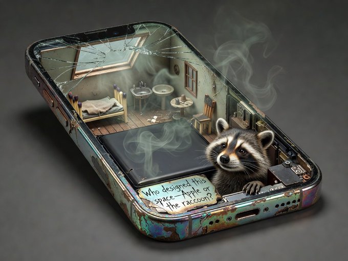A surreal artwork showing a raccoon sitting inside a broken smartphone that reveals a miniature, smoke-filled room containing a bed and toilet. A small paper inside reads 'Who designed this space - Apple or the raccoon?'.