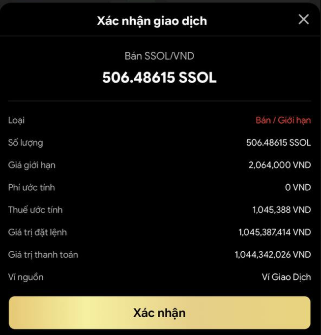 Vietnamese cryptocurrency transaction confirmation screen showing a sale of 506.48615 SSOL/VND with a total payment value of 1,044,342,026 VND and a yellow 'Xác nhận' (Confirm) button.
