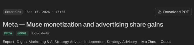 A dark-themed header for an 'Expert Call' scheduled for Sep 15, 2026, 15:00, titled 'Meta — Muse monetization and advertising share gains' with tickers 'META' and 'GOOGL' and a guest named Mo Zhou.