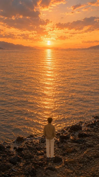A serene photograph of a person standing on a rocky shore at sunset, silhouetted against a brilliant orange sky and shimmering golden waters.