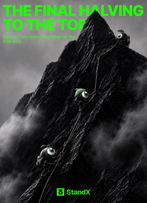 The image is a promotional graphic for StandX titled "THE FINAL HALVING TO THE TOP" with the subtitle "StandX Point emissions halve for the final time," depicting three small hooded figures climbing a steep, fog-shrouded mountain via a rope.

It ties into the post about the upcoming StandX TGE and reduced point emissions, using the mountain-climbing metaphor to represent persistence and the final, hardest push toward the project's token generation event despite declining rewards.