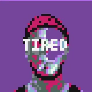 Pixel art portrait of a face rendered in purple, pink, and teal tones against a solid purple background, with the word 'TIRED' overlaid in white block letters across the eyes.