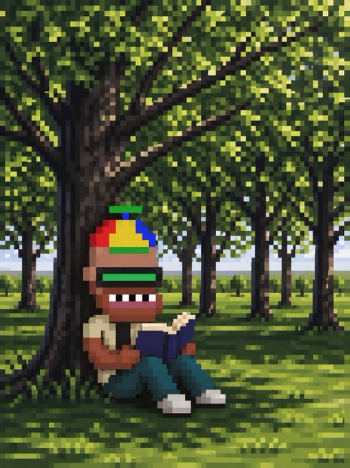A pixel art illustration depicting a character wearing a colorful cap and green visor sitting under a tree reading a book in a grassy forest setting.
