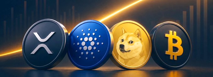 Four cryptocurrency coins—XRP, Cardano (ADA), Dogecoin (DOGE), and Bitcoin (BTC)—are displayed side by side against a dark background with a rising golden trend line, visually representing the post's message that the Crypto Clarity Act's bullish impact extends across major altcoins beyond just Bitcoin.