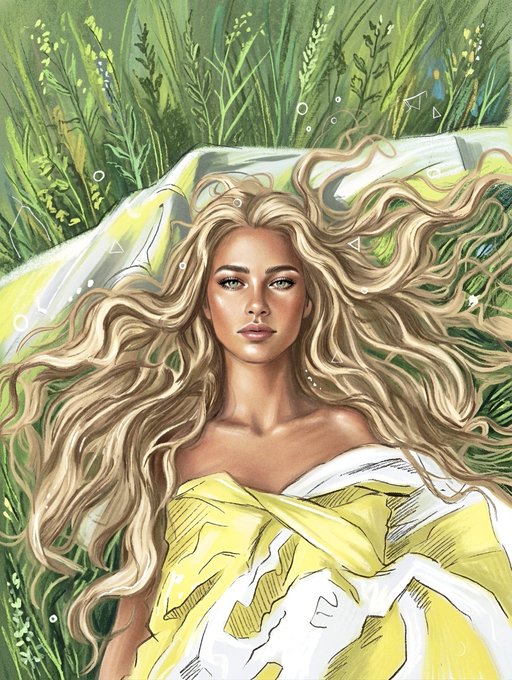 A stylized digital illustration features a serene woman with flowing golden hair lying in a lush green meadow, wrapped in a yellow and white cloth, with small geometric shapes and bubbles floating around her. The ethereal, dreamy aesthetic aligns with the title "Where Fields Dream" by artist Parisa Zakerian, evoking a sense of nature, tranquility, and imagination.