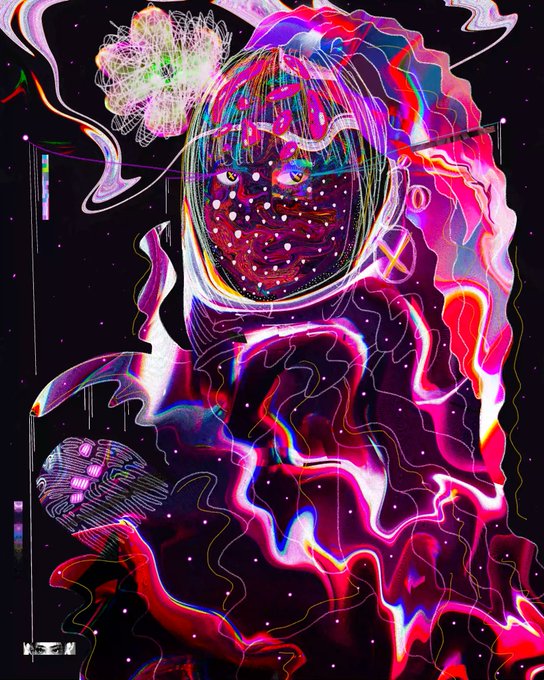 A vibrant, psychedelic digital illustration of a figure in a hooded astronaut-like helmet with neon pink, red, and purple fluid patterns against a black background.