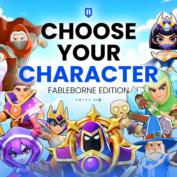 The image features a group of cartoon characters from the video game "Fables". The characters are dressed in various outfits and are standing together against a blue sky with clouds. The text above them reads, "Choose your @fableborne character! Season 5 is approaching, and we want to know who your go-to Hero for raiding..."