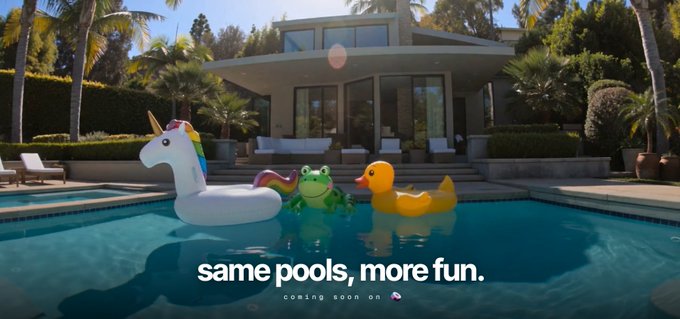A luxurious pool scene features a unicorn float, a frog float, and a yellow duck float, with the text "same pools, more fun." and "coming soon on 🦄" overlaid—cleverly playing on Uniswap's unicorn branding while teasing a new launchpad called "pools.fun."