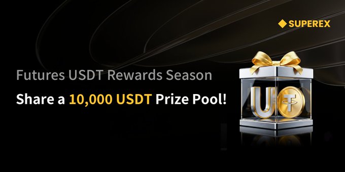 The image depicts a gold-colored USDT gift box with the text "Futures USDT Rewards Season" written on it, placed against a black background. Below this image, there is a promotional post that encourages people to trade futures for rewards. The post reads, "Futures currency can be used as a payment instrument in return for ยามียราลิงภัสน", which refers to the USDT currency and is often utilized in online trading platforms. The text also includes "Winners of this competition will be entered into a contest where they have a 1:1 chance of winning 10,000 USDT."