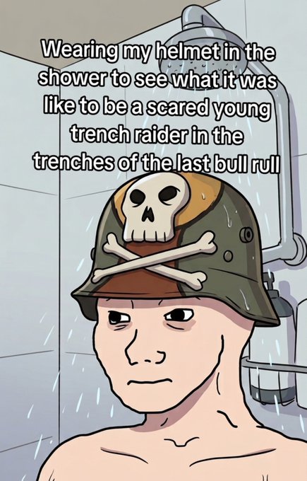 An illustration shows a man in a shower wearing a military-style helmet with a skull and crossbones emblem, with text above reading: "Wearing my helmet in the shower to see what it was like to be a scared young trench raider in the trenches of the last bull run"