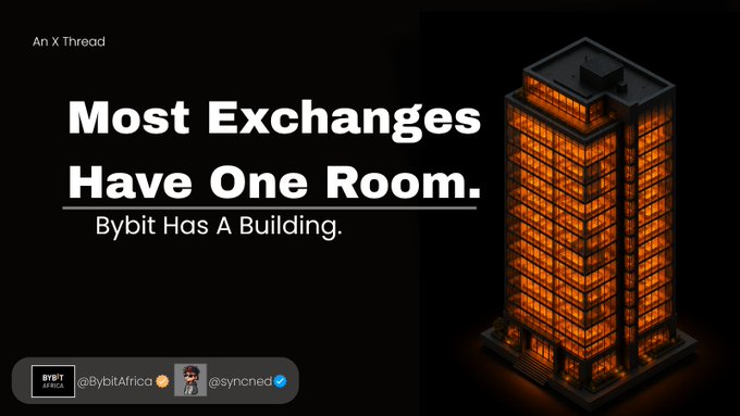 An X (Twitter) thread post reading 'Most Exchanges Have One Room. Bybit Has A Building.' tagged with @BybitAfrica and @syncned.