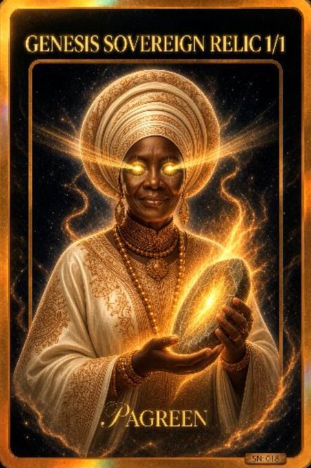 A digital artwork titled 'GENESIS SOVEREIGN RELIC 1/1' depicting a person in traditional white and gold attire with a glowing turban and eyes, holding a glowing object, signed 'PAGREEN'.