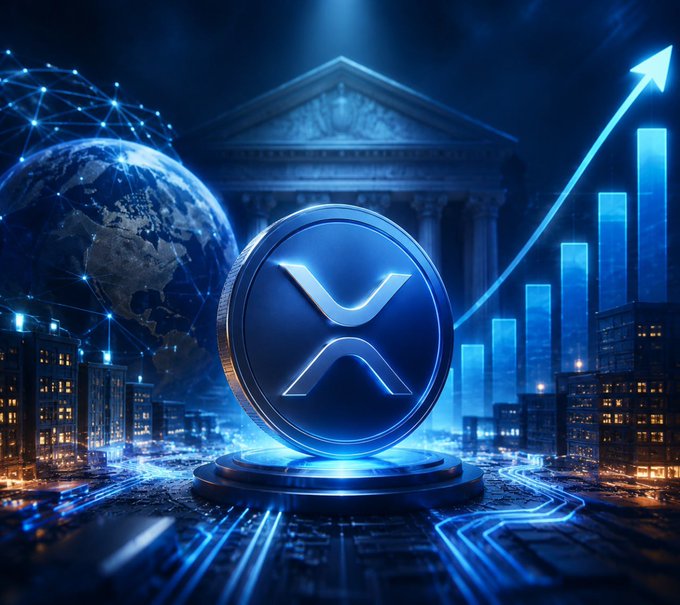 A digital artwork featuring a large XRP coin displayed on a pedestal in front of a classical bank building, with a glowing blue upward-trending chart, a globe, and city skyline in the background.