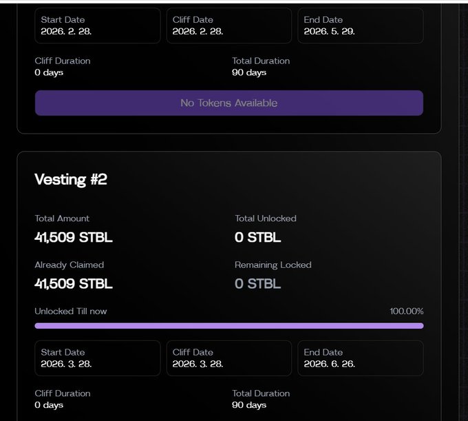 A screenshot showing two vesting schedules on the STBL token, with Vesting #2 displaying 41,509 STBL total that is 100% unlocked and fully claimed, starting March 28, 2026 and ending June 26, 2026. This aligns with the post celebrating the final vesting batch of Kaito InfoFi rewards, which the user swapped to USDT to secure profits.