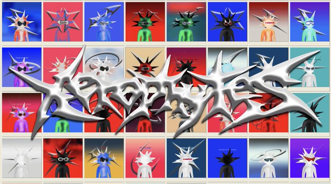 A grid of 24 colorful, spiky, cartoonish character illustrations, overlaid with a large, silver, gothic-style graffiti text logo that is illegible.