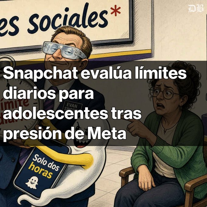 An illustrated cartoon shows a man resembling Mark Zuckerberg wearing VR goggles labeled 'EVAN Spiegel' alongside a disheveled woman, with Spanish text reading 'Snapchat evalúa límites diarios para adolescentes tras presión de Meta' and a phone displaying 'Solo dos horas' with the Snapchat logo.