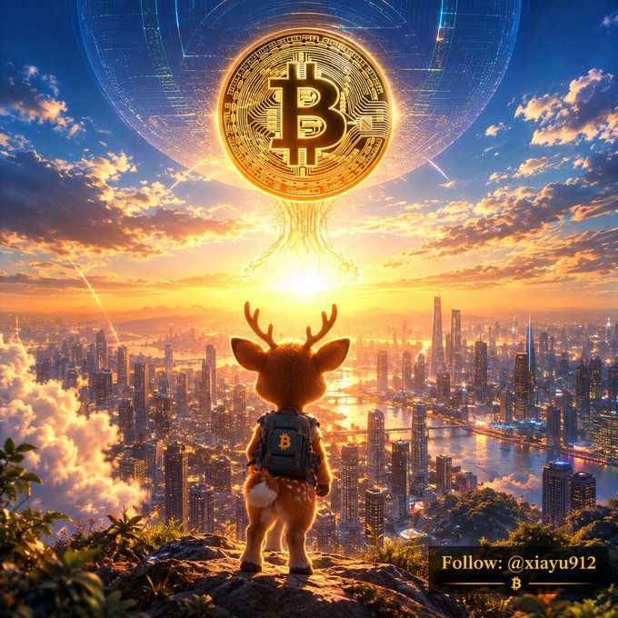 A digital artwork showing a fawn with antlers wearing a Bitcoin-logo backpack, gazing at a giant golden Bitcoin coin floating over a futuristic city skyline at sunset, with 'Follow: @xiayu912' in the corner.