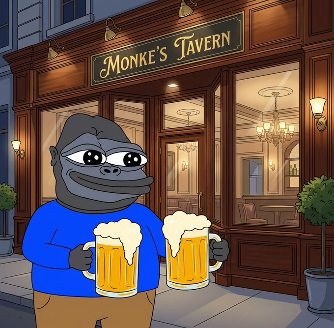 The image features a cartoon depiction of a gorilla holding two glasses filled with beer, standing outside a bar called "Monke's Tavern". The gorilla appears to be enjoying its time at the bar while holding his drinks. The scene takes place on a city street, and there are potted plants visible in the background as well.