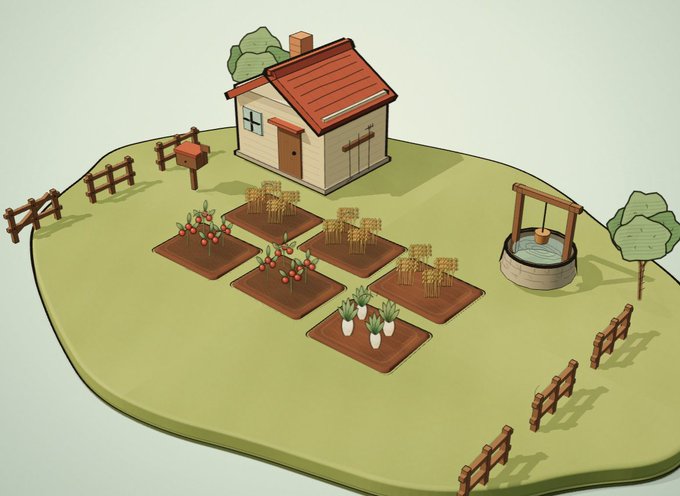 An isometric 3D illustration of a small farm scene featuring a house, vegetable gardens, a well, and wooden fences on a patch of grass.