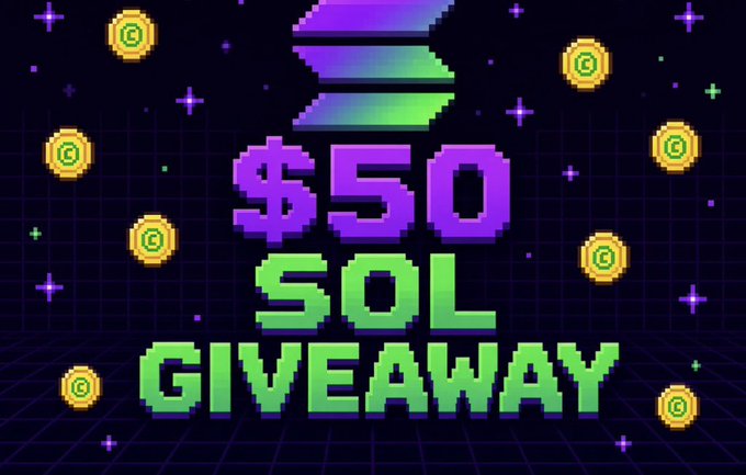 A retro pixel-art promotional graphic featuring a Solana logo and the text "$50 SOL GIVEAWAY," surrounded by floating coins and sparkles against a dark grid background, visually advertising the $50 SOL giveaway mentioned in the post.