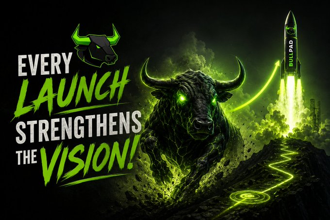 A stylized bull with glowing green eyes charging forward next to the slogan 'EVERY LAUNCH STRENGTHENS THE VISION!' and a rocket labeled 'BULLPAD' lifting off.