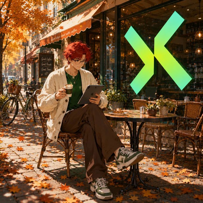 An anime-style illustration depicts a red-haired young man in a green shirt and cream cardigan sitting at an outdoor cafe, holding a tablet and coffee, accompanied by a large green 'X' logo on the right.