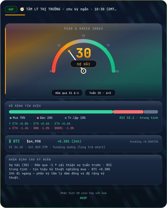 A cryptocurrency market analysis dashboard titled 'TÂM LÝ THỊ TRƯỜNG' displaying a Fear & Greed Index of 30 ('SỢ HÃI'/Fear), with BTC at $64,990, RSI at 55.2, and various market signals indicating a sideways trend.