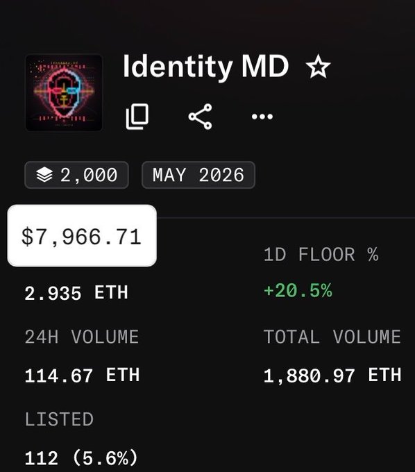 A screenshot from an NFT marketplace showing the 'Identity MD' collection with a floor price of 2.935 ETH ($7,966.71), up 20.5% in 24 hours.
