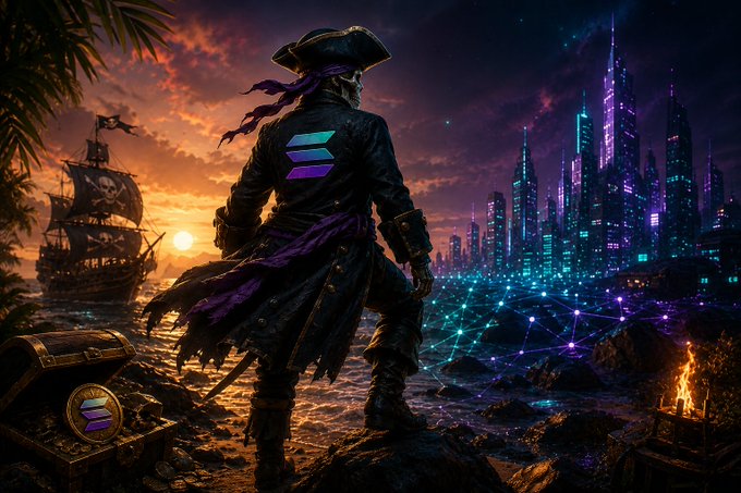 The image features a pirate standing on a rock, wearing a black outfit with a purple scarf and hat, and holding a sword. The background of the image shows a city skyline at sunset, which adds an interesting contrast between the pirate's dark attire and the vibrant colors of the sky. The post also mentions "Solana", "web3", "Crypto", and "TokenLaunchpad" as possible connections to the pirate's outfit or the overall theme of the project.