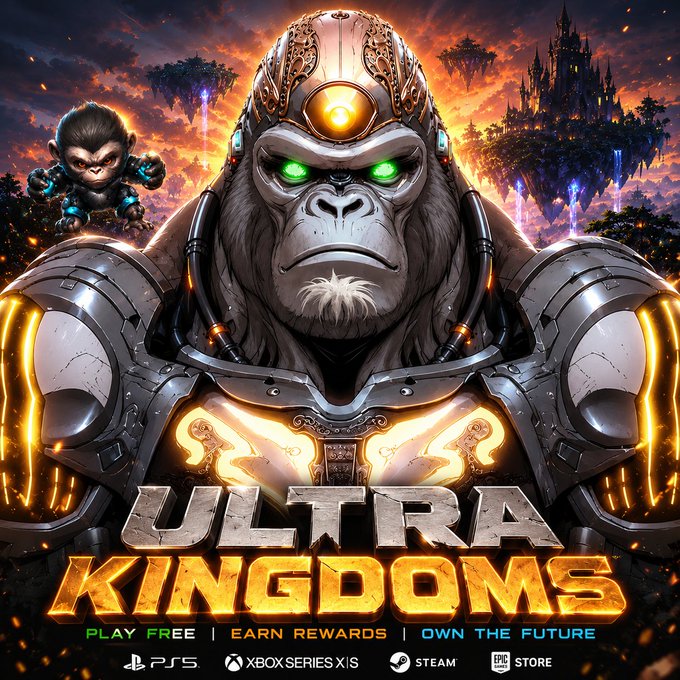 Promotional artwork for the video game 'ULTRA KINGDOMS' featuring a cybernetic gorilla with glowing green eyes, with text reading 'PLAY FREE | EARN REWARDS | OWN THE FUTURE' and logos for PS5, Xbox Series X|S, Steam, and Epic Store.