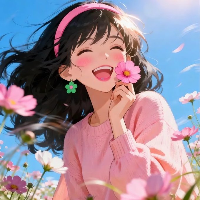 The image features a girl with long black hair wearing a pink sweater, holding a flower in her hand while standing in front of a field filled with flowers. The background consists of a blue sky, which complements the overall color scheme of the scene. The caption provided seems unrelated and does not directly connect to the image or its theme.