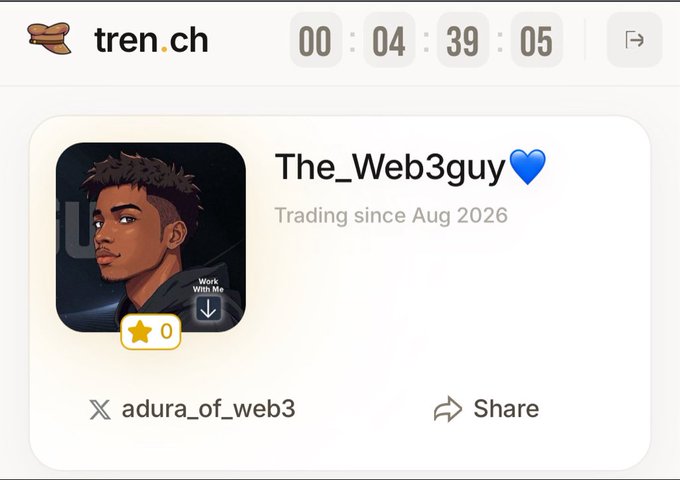 A screenshot of a trading profile card from "tren.ch" displaying the username "The_Web3guy" with a blue heart emoji, noting "Trading since Aug 2026" and an X handle of "adura_of_web3".