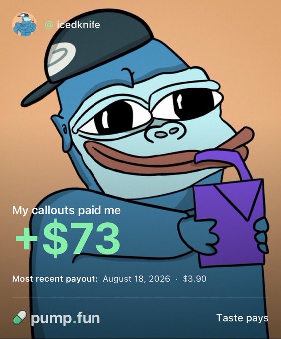 The image is a Pump Fun promotional graphic featuring a cartoon blue character wearing a backwards cap and sipping from a juice box, with text showing "My callouts paid me +$73" and a "Most recent payout: August 18, 2026 · $3.90" alongside the Pump Fun logo and "@icedknife" handle. It illustrates the user's post claiming they've earned 1 $SOL in just 2 days from sharing coin callouts on the platform, using the earnings screenshot as social proof to recruit others to join via the provided link.