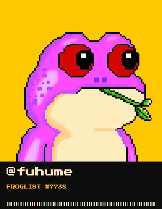 A pixel art illustration of a pink frog with red eyes holding a green plant stem in its mouth, set against a yellow background with text '@fuhume' and 'FROGLIST 17738' on a black bar at the bottom.