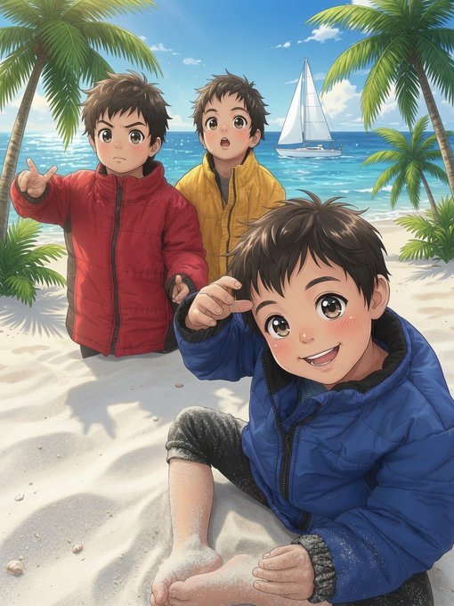 The image features three cartoon boys sitting on a sandy beach, with palm trees in the background. The boy closest to the viewer has his foot up in the air while the other two are seated or standing nearby. There's also a boat visible in the water near the shoreline. The caption of the post reads "面白いな @grok 写真を加工して遊んでますw #stepn #ブルバ".