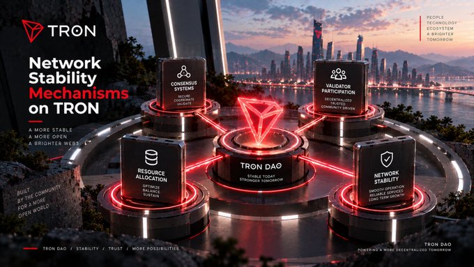 Promotional graphic for TRON Network Stability Mechanisms, highlighting Consensus Systems, Validator Participation, Resource Allocation, and Network Stability around a central TRON DAO hub with the tagline 'PEOPLE, TECHNOLOGY, ECOSYSTEM, A BRIGHTER TOMORROW.'