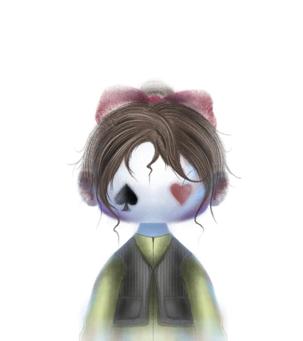 A stylized illustration of a faceless figure with messy brown hair tied with a red bow, card suit symbols (spade and heart) replacing the eyes, wearing a dark vest over a mustard-yellow top, evoking an Alice in Wonderland-esque whimsy. The dreamy, melancholic aesthetic mirrors the post's tone, suggesting a delicate emotional state and hesitation about posting, as if weighed between the logic of a spade and the passion of a heart.