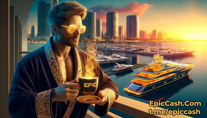 A stylized digital illustration shows a bearded man in a patterned robe and sunglasses holding a steaming cup labeled "EPIC," with a luxury superyacht and city skyline at sunset in the background; text reads "EpicCash.Com" and "t.me/epiccash".