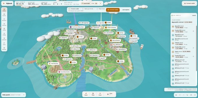 A Flybook world map interface showing scheduled events on a colorful island with multiple location pins and a side panel listing upcoming broadcasts.