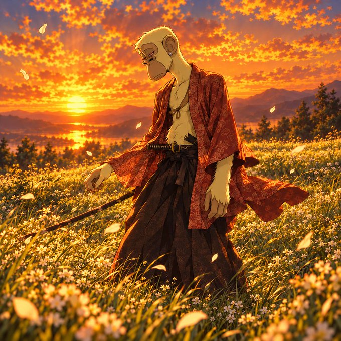 A stylized digital artwork depicts a white monkey or ape-like warrior wearing a red kimono and dark hakama, holding a katana sword while walking through a field of white blossoms at sunset.