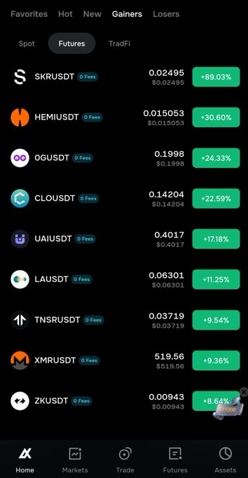 A cryptocurrency trading app's 'Gainers' tab on the Futures market showing top performers including SKRUSDT (+89.03%), HEMIUSDT (+30.60%), OGUSDT (+24.33%), and CLOUSDT (+22.59%).