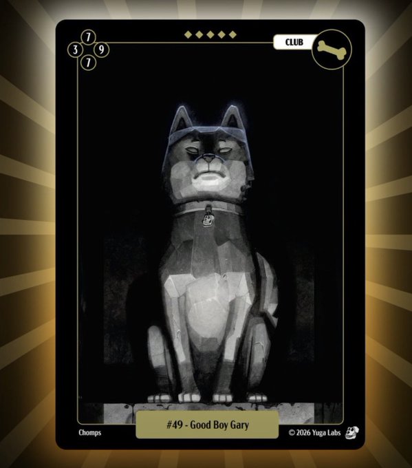 A Mudwater trading card features a grayscale low-poly dog wearing a hat and collar, with the text “#49 - Good Boy Gary,” “Chomps,” “CLUB,” and “© 2026 Yuga Labs.” It illustrates the post’s celebratory pull of the legendary “Good Boy Gary” card from a box opened with his 4-year-old son.