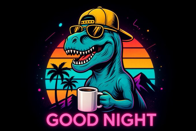 A retro-styled graphic illustration of a teal T-Rex dinosaur wearing a yellow backwards cap and sunglasses, holding a coffee mug with 'GOOD NIGHT' written in pink text below.