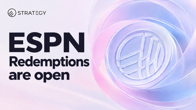 Promotional graphic for STRATEGY announcing 'ESPN Redemptions are open' with a stylized silver logo against a pink and blue gradient background.